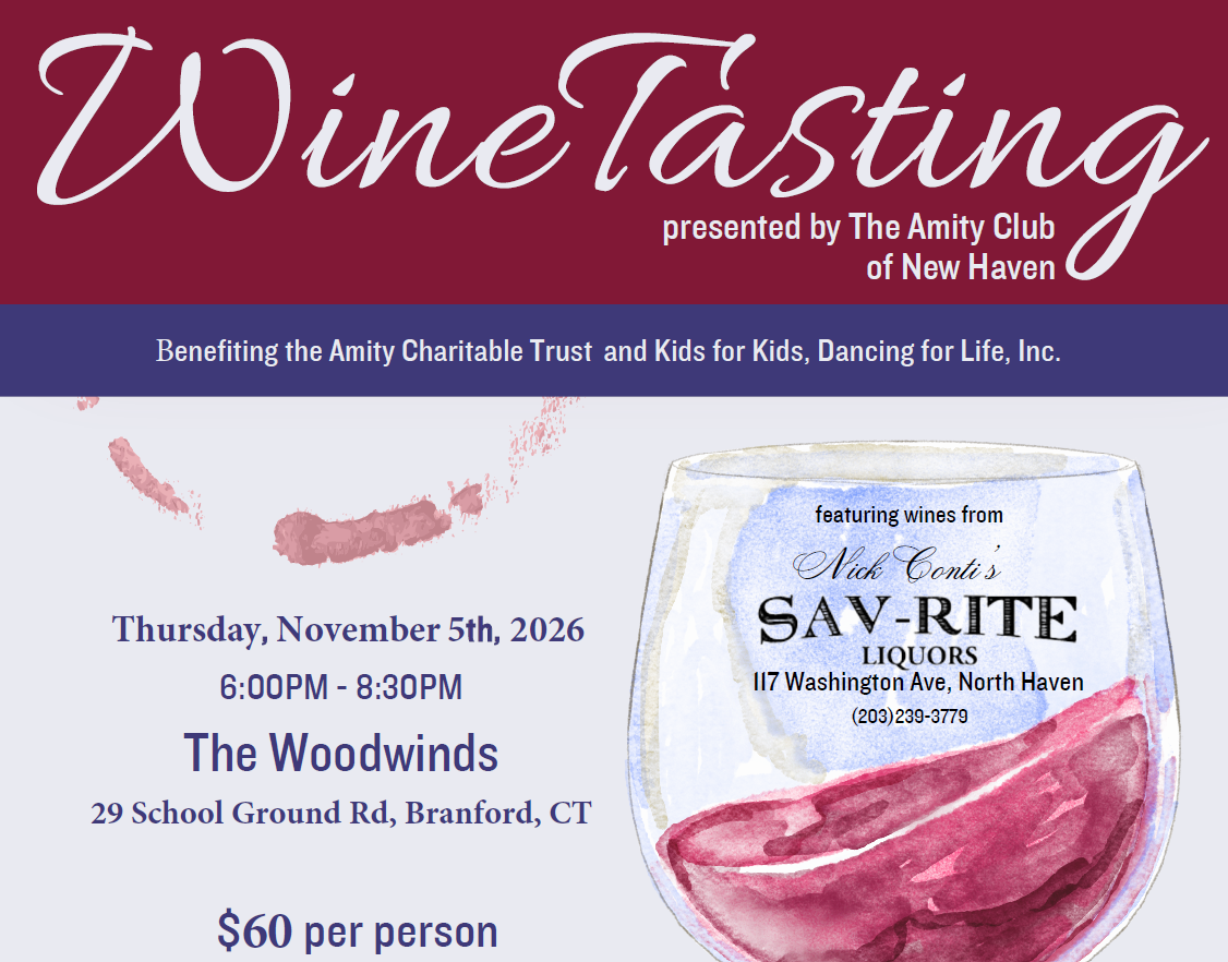 Wine Tasting flyer: presented by The Amity Club of New Haven, featuring wines from Nick Conti's Sav-Rite Liquors